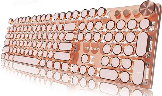 SEUNKWANG EWEADN Wired Typewriter Mechanical Keyboard, Low Noise Pink Switch Retro Punk Keyboard with Media Knob, White Backlit, Metal Panel, 104-Key Round Keycaps Cute Keyboard for Windows PC- Pink
