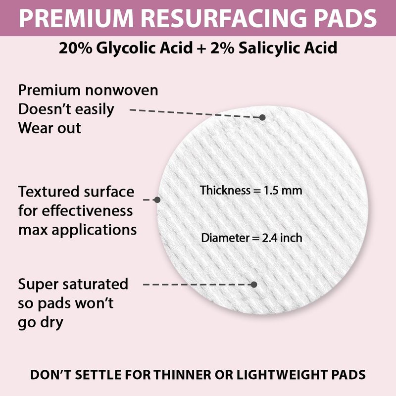 Glycolic Acid 20% + Salicylic Acid 2% Face Peel Pads (50 Count) – Facial Exfoliating Pads for Skin Renewal, Resurfacing, Refining and Revealing a Clearer, Smoother, Glowing Complexion