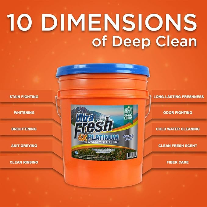 Ultra Fresh 6X Platinum 5 Gallon Laundry Detergent Liquid for All Machine Types with Easy Dispensing Pump, Up to 640 Loads, Mountain Fresh (4 Pack)