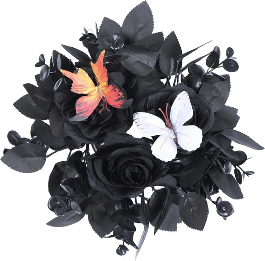 Regine Switzerland Gothic Rose Candle Ring Wreath - Black Floral with Butterfly & Artificial Leaves for Home Decor