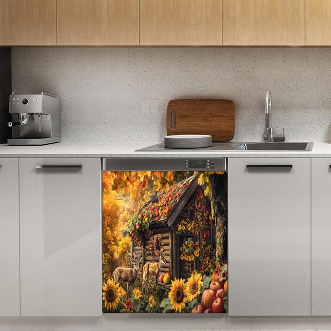 Apple Autumn House Deer Dishwasher Magnet Cover for The Front Magnetic Dishwasher Door Covers Dish Washer Sticker Wrap Home Decorative Appliances Panel Decal Kitchen Decor 23" x 26" (Magnetic)