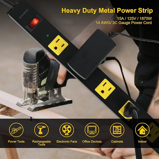 SURAIELEC 12 Outlet Metal Power Strip Surge Protector, 15 FT Heavy Duty Extension Cord, Wide-Spaced Outlets, Flat Plug, 15A Circuit Breaker, Wall Mount Power Bar for Workshop, Garage, Workbench, Shop