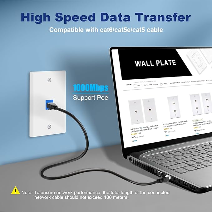 VCE Ethernet Wall Plate (UL-Listed), 1-Port CAT6 Wall Plate and Jack, RJ45 Keystone Outlet with Single Gang Low Voltage Mounting Bracket, Blue 6-Pack
