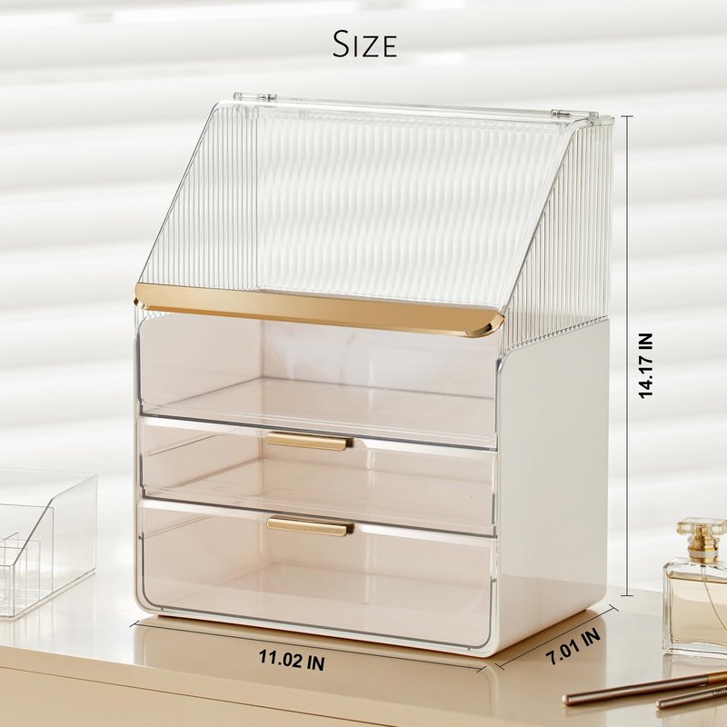 JOYMOOP Makeup Organizer with Transparent Cover, Skincare, Lipstick and Perfume Storage, Cosmetic Organizer, Makeup Box for Bathroom Countertop or Vanity Desk, White & Gold