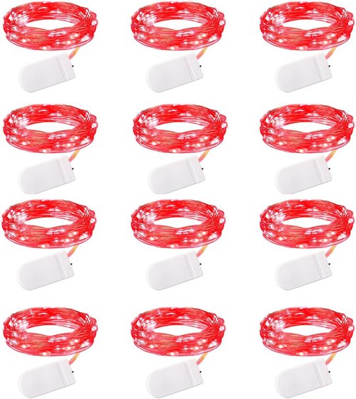 Brightown LED Fairy Lights - Waterproof Red 12-Pack | 7 Feet, 20 LEDs, Battery Operated, Flexible Wire