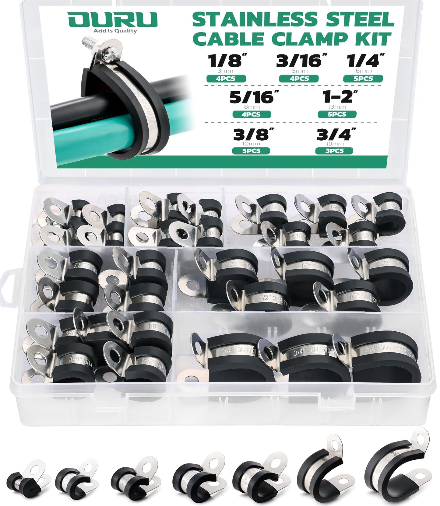 OURU 30PCS Cable Clamps Assortment Kit,7 Sizes—1/8" 3/16" 1/4" 5/16" 3/8" 1/2" 3/4" Stainless Steel Rubber Coated Cushioned Insulated Cable Clamp,Automotive Wire Pipe Clamps