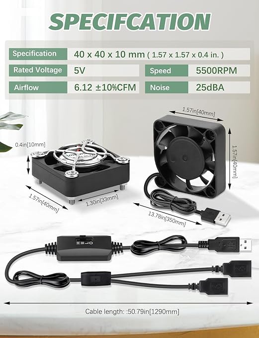 AmRunJe USB Fan 40mm 2 Packs, 5V Mini Cooling Brushless Fan for PC Computer PlayStation Xbox Router, Small Box Fan for Terrarium Aquarium Helmet Raspberry Pi