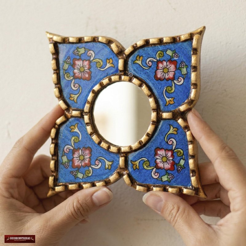 DecorContreras Peruvian Painted Glass Mirror with Bronze Leaf Framed - Handmade Diamond Mirror 6in for Gallery wall (Blue)