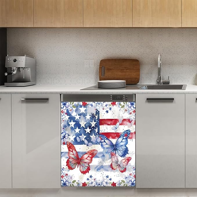 Dishwasher Magnet Cover Red Blue American Flag Butterfly Reusable Dishwasher Magnetic Cover Sticker Decorative Dish Washer Door Cover Panel for Home Kitcen Appliance, 21x26 in