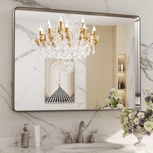 LOAAO Brushed Nickel Bathroom Mirror - 40X30 Inch Rounded Rectangle Design | Anti-Rust, Shatter-Proof, Versatile Hanging Options