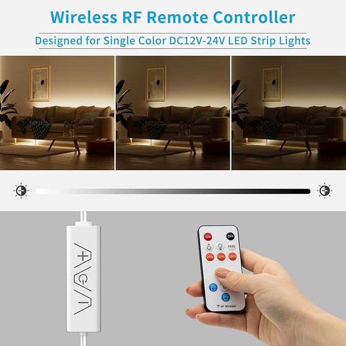 GINGSOW 13Keys LED Dimmer, Wireless RF Remote Control and 3Keys Receiver with DC Jack RF Dimmer with Timer Function for DC12V-24V Single Color COB/3528/2835/5050 LED Strip Lights