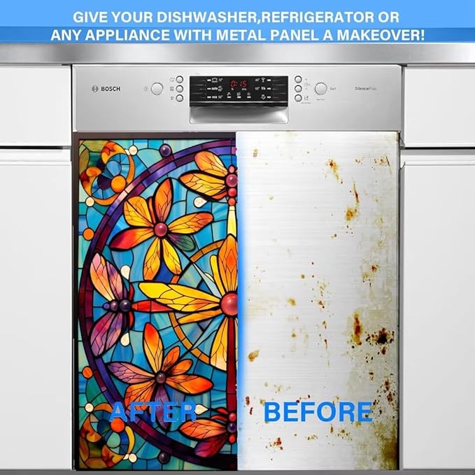 Colorful Dragonflies Magnet Dishwasher Cover Dishwasher Magnetic Panel Decal, Stained Glass Window Fridge Magnetic Skins Cover, Vinyl Home Appliance Decal 23" x 26" Magnetic