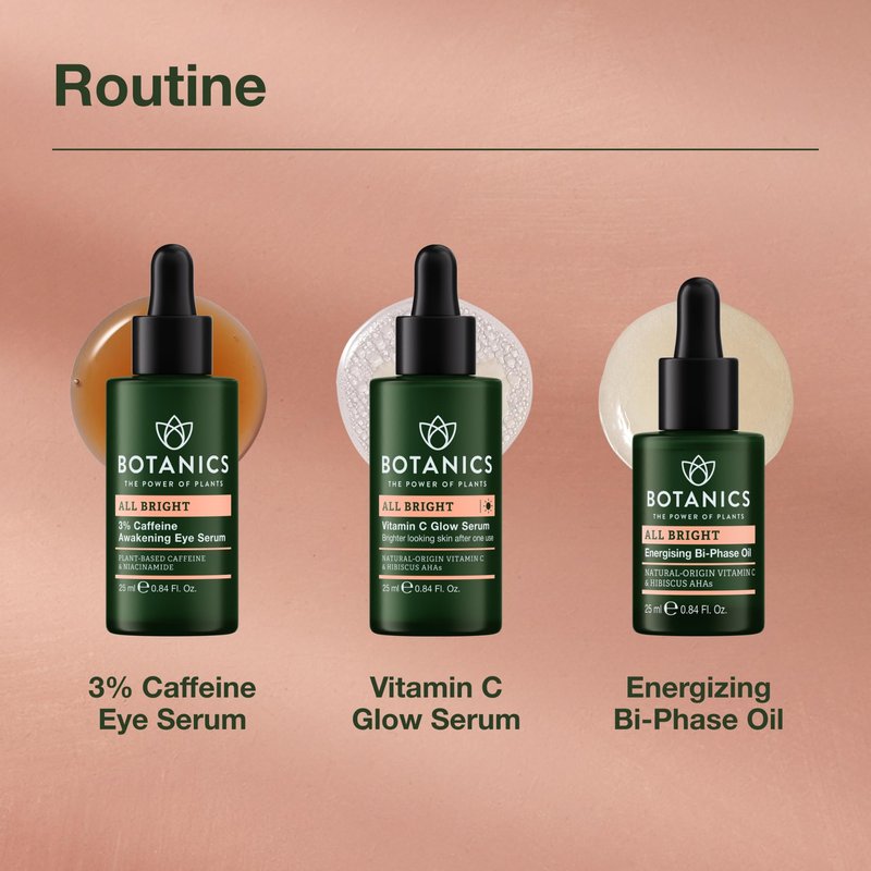 Botanics All Bright Caffeine Eye Serum - 3% Caffeine Awakening Under Eye Serum for Dark Circles and Puffiness - Refresh & Brighten Tired Eyes - Vegan & Cruelty Free (0.84 Fl Oz)