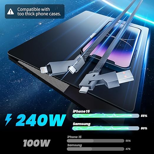 Travel Essentials,Dual Type-C 4 in 1 Multi Charging Cable, 5 FT Universal Charging Cables for All Devices, 2 USB-C/IP/Micro USB Port, Compatible with iPhone 17 16/15 Series/Phone/Tablet,240W