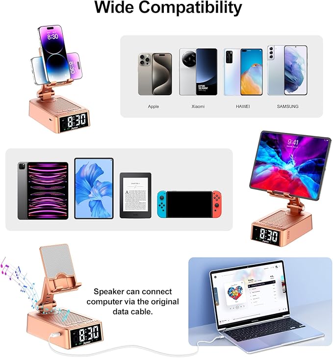 Joymate Gifts for Women Girls, Phone Stand with Bluetooth Speaker 360° Rotable Angle Adjustable Cell Phone Holder for Desk with HD Subwoofer Sound Fits All Phones,Tablets (Rose Gold)