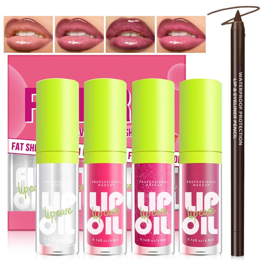 HOSAILY 4 Colors Hydrating Lip Oil Plumping + Lip Liner Set, Shiny Glow Reviver Lip Care Oil, Moisturizing Big Brush Head Clear Pink Glitter Transparent Lip Gloss Combo Makeup Present for Women