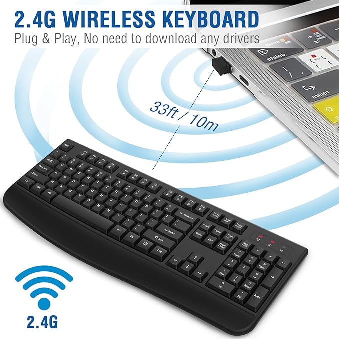 EDJO Wireless Keyboard, 2.4G Ergonomic Full Size Wireless Computer Keyboard with Wrist Rest for Windows, Mac OS Desktop/Laptop/PC（Gray）