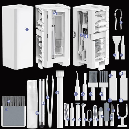 Cleaning Kit for Phone Headphone 32 in 1 Multi-Functional Electronics Cleaning Kits for Cell Phones, Computer, Monitor, Earbuds, Laptop, Camera, Lens Portable White Cleaning Kit Tool