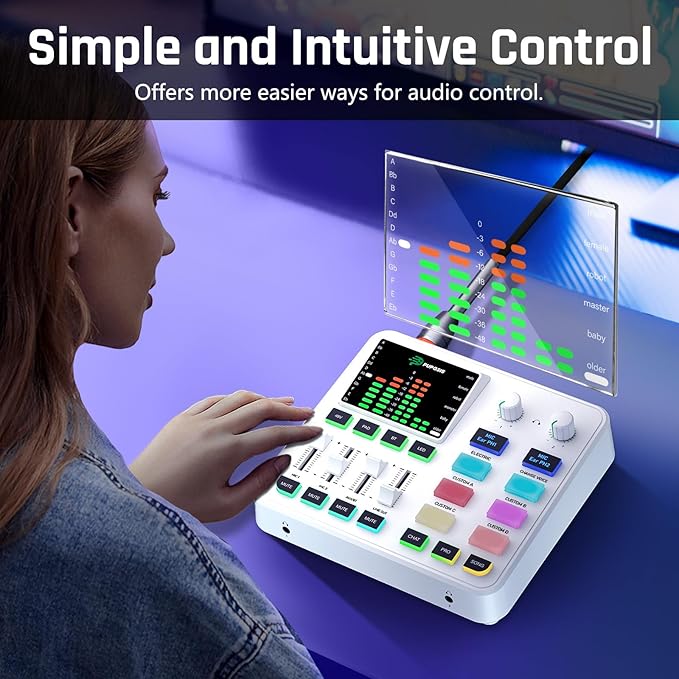 PUPGSIS Gaming Audio Mixer, Audio Interface for PC/Podcast/Streaming, Sound Board with 3.5mm/XLR Mic Input, 48V Phantom Power, Voice Changer, Live Sound Card with DJ Mixer Effects/Bluetooth(White)