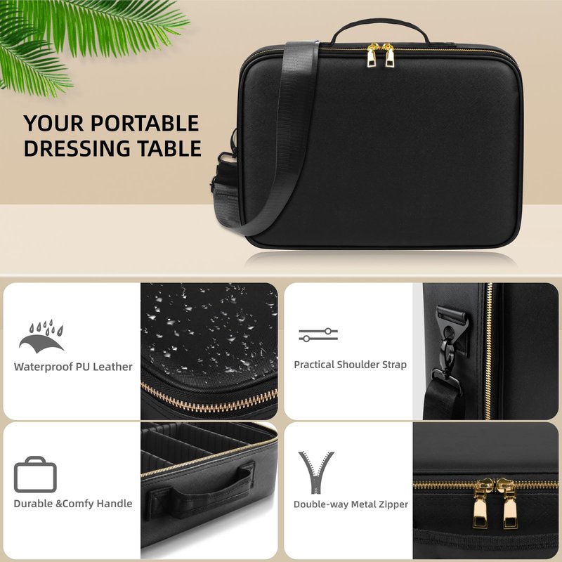 saiggnyy 15“×11“Professional Makeup Train Case,Large Waterproof Travel Makeup bag with Mirror and Light, Leather Black Make up Bag with Mirror and Light,Led Makeup Case with Adjustable Dividers