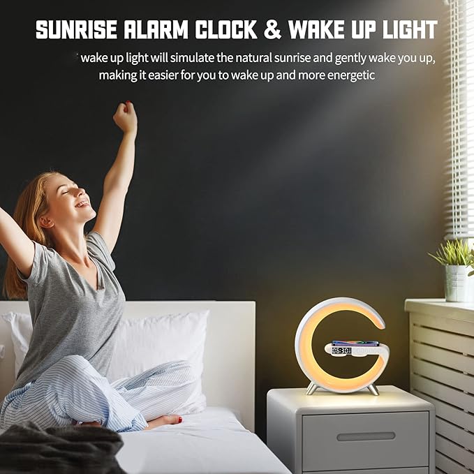 Boenim Smart Table Lamp with 4-in-1 Wireless Charger, Night Light, Bluetooth Speaker, Alarm Clock, App Control, Office, Bedroom, Home Decor (Black)