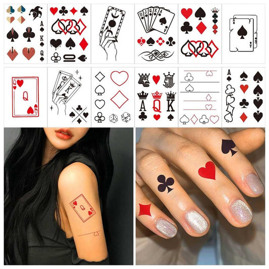 Poker Temporary Tattoos,60 Pcs Small Red heart Plum Blossom Spades Block Dice Playing Card Tattoo for Adult Women Men Decor,Casino Game Night day Gift,Bachelorette Girls Birthday Party Decorations 486
