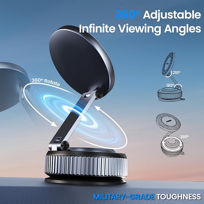 BEEGROW Magnetic Car Phone Holder for Magsafe, Alloy 360° Folding Cell Car Phone Mount with Ultra Stable Suction Cup and Reusable Gel, Dashboard Windshield Stand for iPhone 17-12 Android Pixel Samsung