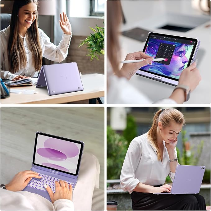 typecase Touch iPad 11th 10th Generation Case with Keyboard (11" 2025, A16 & 10.9" 2022) – 360° Rotatable, 11-Color Backlit, Multi-Touch Trackpad, Pencil Holder, Thin & Light – Light Purple
