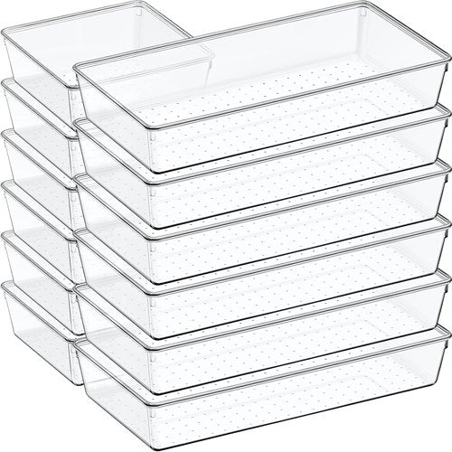 Clear Plastic Drawer Organizer Set by [Brand Name] - 12 Pack Non-Slip Storage Bins for Makeup, Kitchen & Office