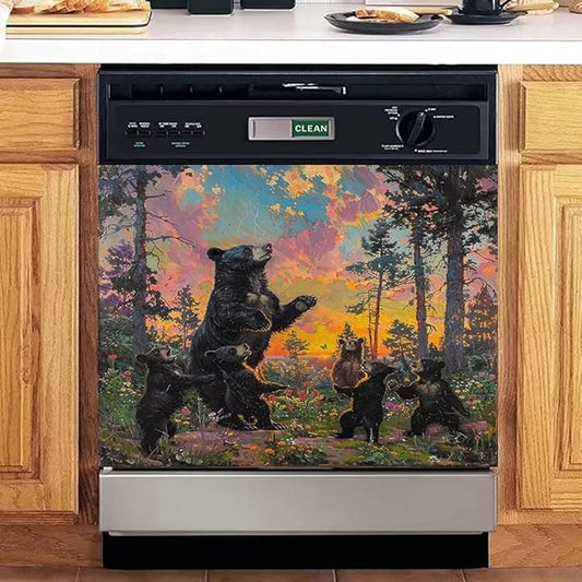 Dishwasher Magnet Cover, Forest Black Bear Family Magnetic Dishwasher Sticker for Kitchen Decoration 23x17in Fridge Panel Vinyl Decal Farmhouse Refrigerator Cover