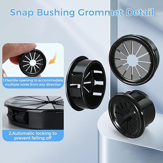 BOPOREAE 50 Pcs Cable Grommet, Snap Bushing 7/16" (11 mm) Mounting Diameter, Flexible Petal-Shaped Buckle Round Nylon Desk Grommet for Wires Through Countertop Cord Organizer and Protection, Black