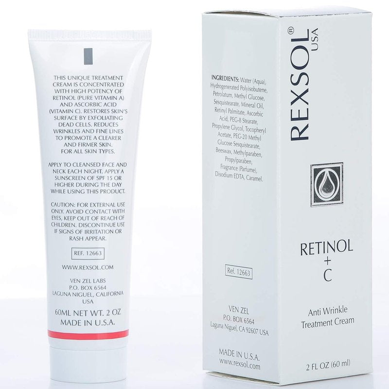 REXSOL Retinol + Vitamin C Anti-Aging Cream - Night Face Care & Dark Spot Remover | 2 OZ Infused with Vitamin E & A