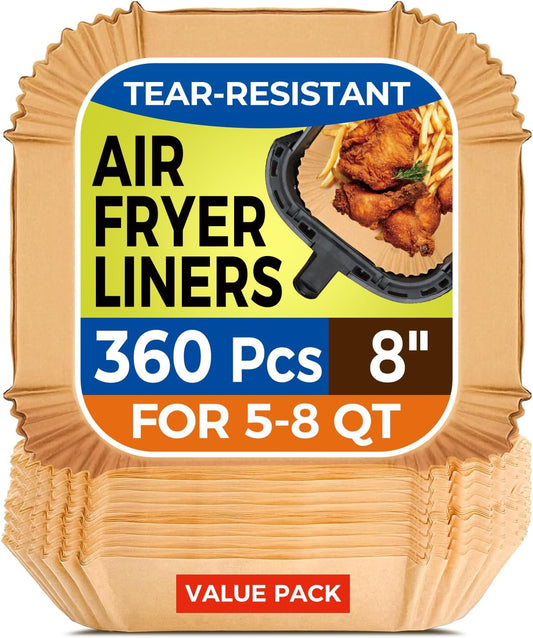 Skiennix 360 Pcs Air Fryer Liners - 8" Square Unbleached Parchment Paper, Non-Stick & Leakproof