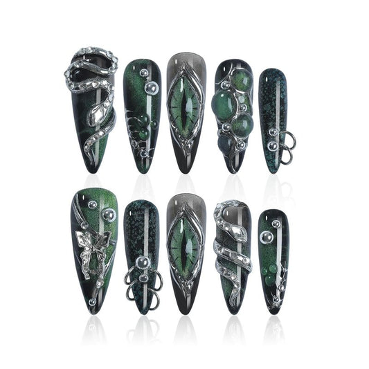 HOMSERA Handmade Press on Nails - Dark Luxury Press on Fake Nails Reusable 4D Press on Nail for Birthday Party Live Salon