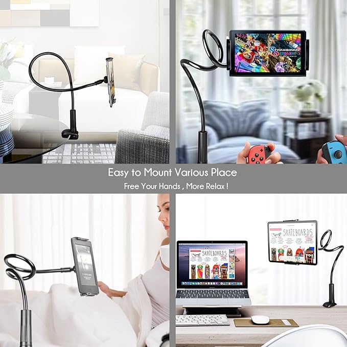 SRMATE Gooseneck Tablet Kindle Holder Stand for Bed Reading,33in Flexible Long Arm Clamp Clip Mount for iPad, iPhone, Galaxy Tabs, Switch, Kindle Fire, Phone 4.7''-10.5'' Tablet Devices