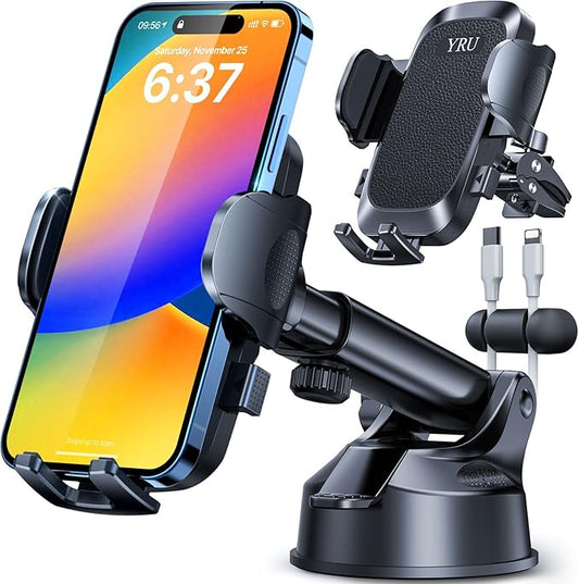 [True Upgrade for Safety] YRU Car Phone Holder Mount [Patent & Military-Grade] Dashboard Cell Phone Holder for Car Vent Windshield Phone Stand for iPhone17 16 15 14 13Pro Max Truck Samsung, Dark Black