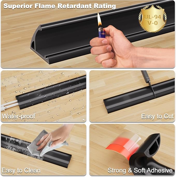 Kneelisa 10FT Side-Open Extension Cord Covers for Wires on Floor,Silicone Power Cable Protector Cord Hider Management Strip,Hide Electric Wire on Carpet,Chord Runner Protective Safety,Black