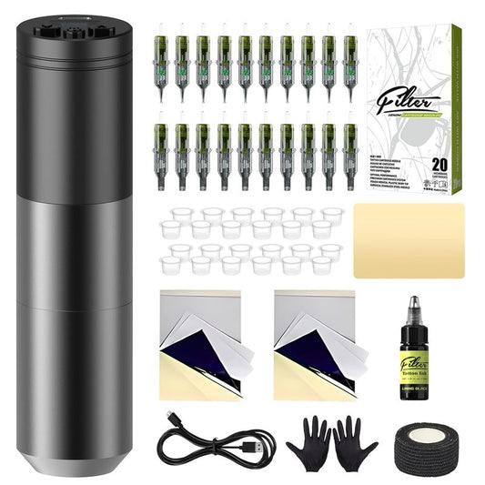 Tattoo Gun Kit - Complete Rotary Machine Pen Set with 1500mAh Battery & 20 Cartridge Needles | Grey