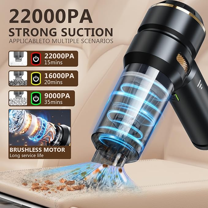 BJMCXIA Cordless Handheld Car Vacuum, 22000Pa Strong Suction with Brushless Motor, HEPA Filter, Bonus Washable Metal Filter, 4-in-1 Kit with Air Blower, Type-C Rechargeable for Car Pet Home, Black