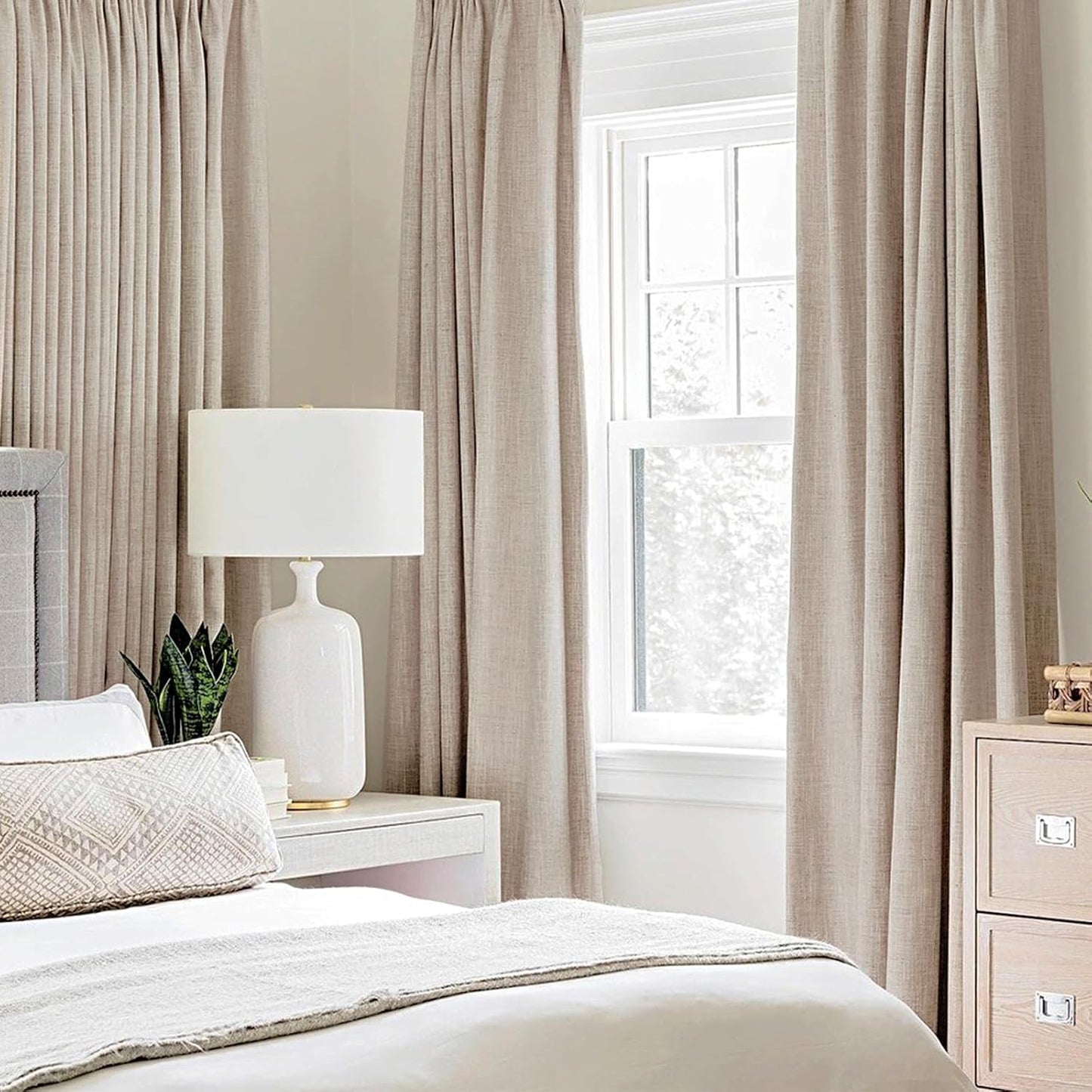 MIULEE 100% Blackout Linen Textured Curtains - Thermal Insulated Natural Beige Drapes | 52 x 92 Inch (2 Panels)