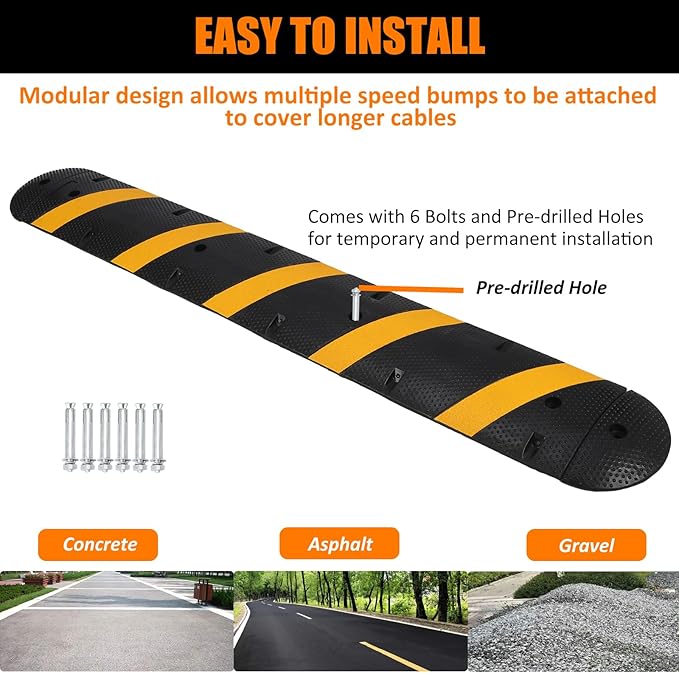 7 Ft Heavy Duty Speed Bump for Road, 84" Rubber Speed Bumps for Driveway, 1 Pack 2 Channel Modular Traffic Speed Bump Hump Cable Protector Ramps for Asphalt Concrete Gravel with 2 End Caps, 6 Spikes