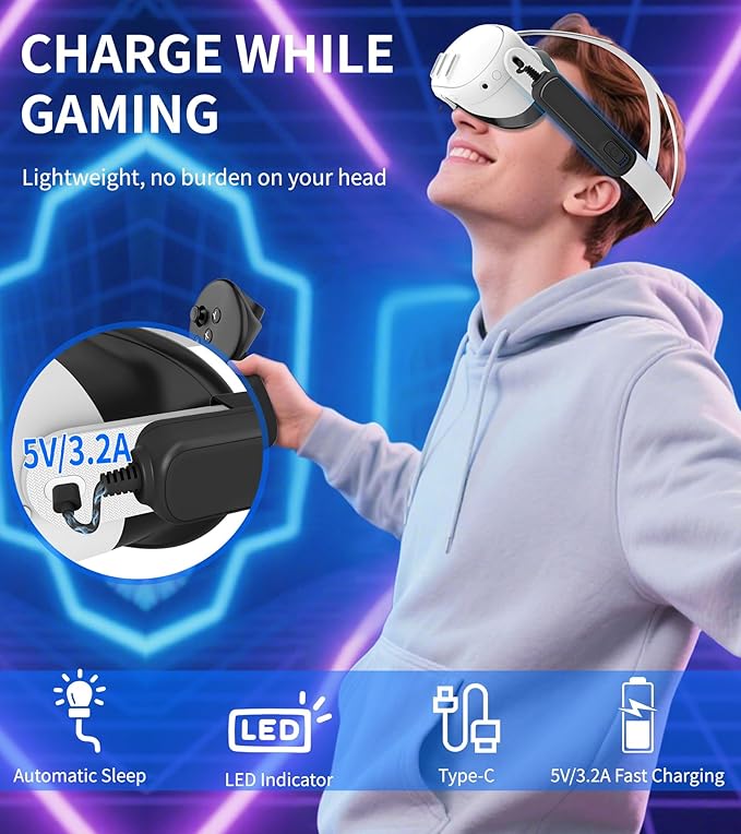 YRXVW Battery Pack for Meta/Oculus Quest 3S/3/2,5000mAh Battery VR Charger, Extend 2-4 Hours Playtime, Lightweight Fast Charging VR Headset Safe Power Bank for Meta Quest 3S/3/2 Accessories