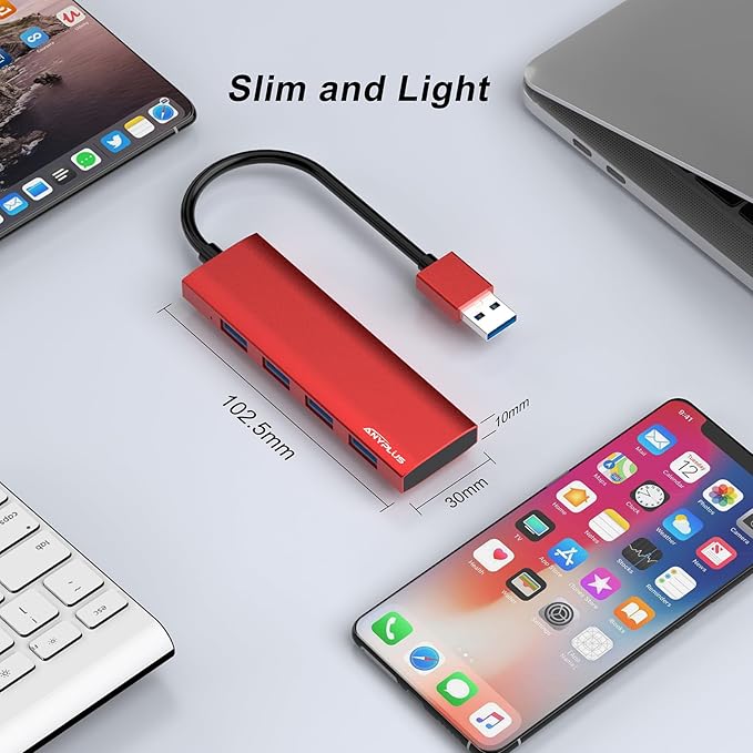 ANYPLUS USB Hub, USB 3.0 Hub Aluminum Alloy Ultra Slim USB Splitter, Portable 4 Port USB Extender, USB Hub for Laptop, PC, MacBook, iMac, Surface Pro, Mac Pro, Flash Drive, XPS 【Red】