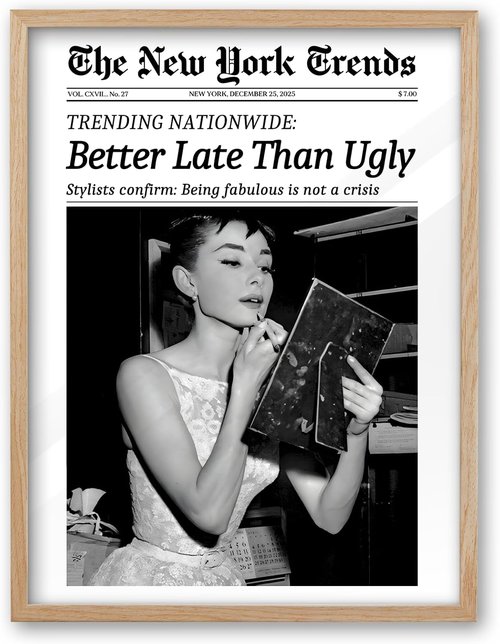 iHery Natural Oak Wood Audrey Hepburn Wall Art - Vintage 12x16in Canvas Decor for Bedroom & Bathroom