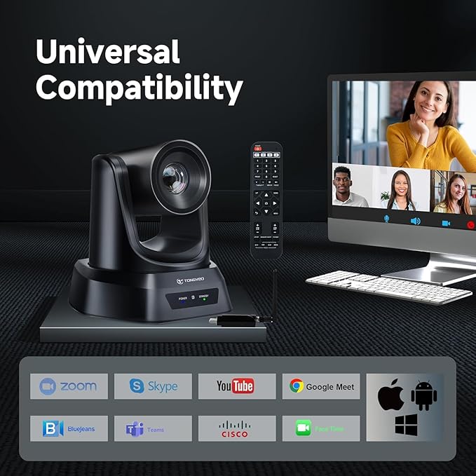 TONGVEO AI Wireless PTZ Camera System with Auto Tracking Built-in Receiver & Bluetooth Speakerphone, 5.8GHz 1080P 60fps Conference Camera with 3X Optical Zoom, for Church Zoom, OBS Meetings