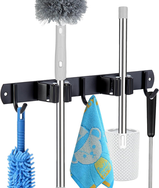 Voze Mop and Broom Holder - 2 Racks & 3 Hooks, Heavy-Duty Wall Mount Organizer for Kitchen & Garage