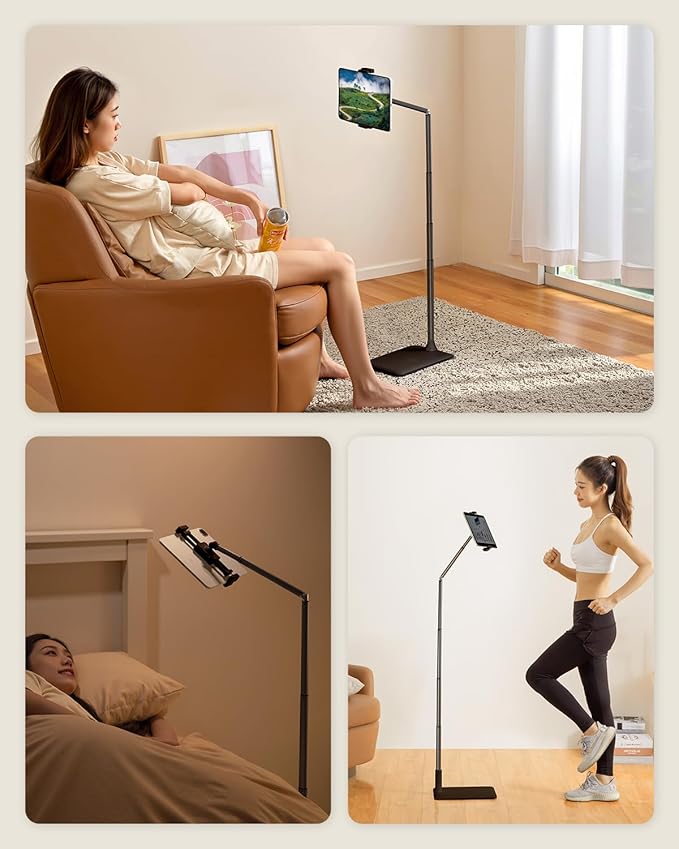 SupeDesk Tablet Floor Stand, Adjustable iPad Holder for Bed & Sofa - 360° Rotating Long Arm, Height Adjustable from 13.5" to 60.3", Sturdy Metal Base for iPad, Tablet, Phone (4-13 Inch), Black