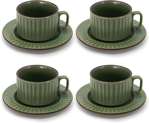 DOWAN Cappuccino Cup Set - 8 OZ Ceramic Coffee Mugs with Saucers | Elegant Ribbed Stoneware for Home & Café