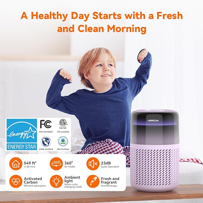 AIRROMI HEPA Air Purifier for Bedroom&Home,Pet Air Purifier for Home Pets,Removes Pet Odor,Cat Litter Smell,Dust,Smoke&Allergies,Quiet Room Air Purifier with Scents,360°Air Cleaner,A2005 Purple