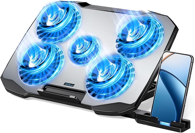 AIMIUZI Laptop Cooling Pad,Gaming Laptop Cooler with 5 Quiet Fans for 12-15.6 Inch,Laptop Cooling Stand with 5 Height Adjustable,2 USB Ports, Phone Stand